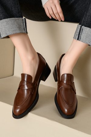 Women's Genuine Leather Slip-On Loafers - Mid-Heel College Style Flats for Commuting - Chic Casual Footwear