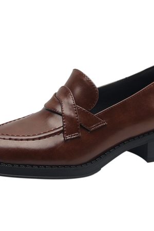 Women's Genuine Leather Slip-On Loafers - Mid-Heel College Style Flats for Commuting - Chic Casual Footwear