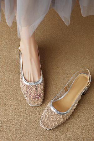 Womenâ€™s Genuine Leather Square-Toe Mesh Sandals - Breathable Mid-Heel Summer Footwear, Versatile Closed-Toe Style for 2025