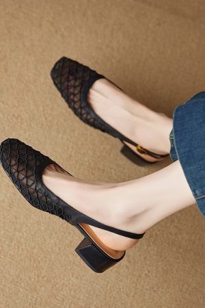Womenâ€™s Genuine Leather Square-Toe Mesh Sandals - Breathable Mid-Heel Summer Footwear, Versatile Closed-Toe Style for 2025