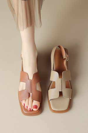Women's Genuine Leather Square-Toe Open-Toe Sandals - Summer 2025 Mid-Chunky Heel One-Strap for Outdoor Style