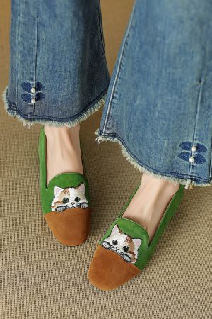 Women's Genuine Leather Suede Lucky Cat Embroidered Slip-On Loafers with Low Chunky Heels - Trendy Y2K Inspired Footwear