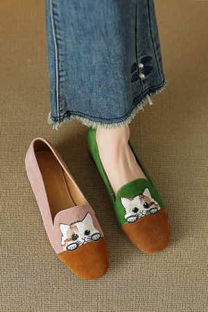 Women's Genuine Leather Suede Lucky Cat Embroidered Slip-On Loafers with Low Chunky Heels - Trendy Y2K Inspired Footwear