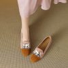 Women's Genuine Leather Suede Lucky Cat Embroidered Slip-On Loafers with Low Chunky Heels - Trendy Y2K Inspired Footwear