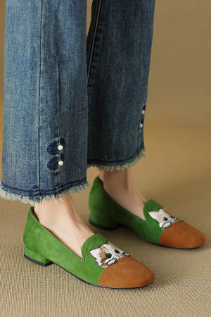 Women's Genuine Leather Suede Lucky Cat Embroidered Slip-On Loafers with Low Chunky Heels - Trendy Y2K Inspired Footwear
