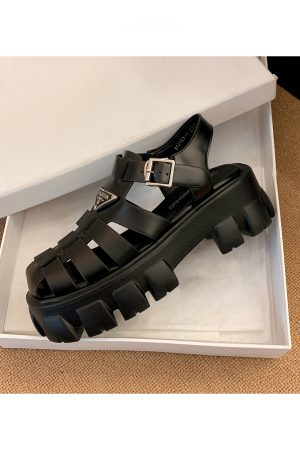 Womenâ€™s Genuine Leather Thick-Soled Height-Increasing Roman Sandals, Trendy Hollow Woven Closed-Toe Design for Summer Style