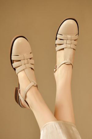 Women's Genuine Leather White Mid-Heel Open-Toe Sandals - Roman Woven Design, Summer Fashion Footwear