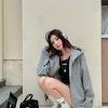 Women's Gray Loose Hooded Sweatshirt and Shorts Two-Piece Set, Light Fabric, Casual Zip-Up Cardigan, Relaxed Style