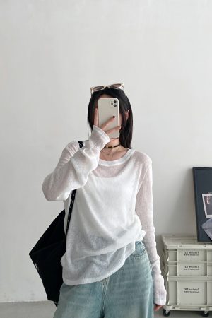 Women's Gray Semi-Transparent Round Neck Sun Protection T-Shirt - Loose Fit, Long Sleeve Knitted Top for Summer, Korean Style Fashion