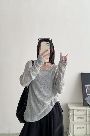 Women's Gray Semi-Transparent Round Neck Sun Protection T-Shirt - Loose Fit, Long Sleeve Knitted Top for Summer, Korean Style Fashion