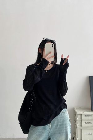 Women's Gray Semi-Transparent Round Neck Sun Protection T-Shirt - Loose Fit, Long Sleeve Knitted Top for Summer, Korean Style Fashion