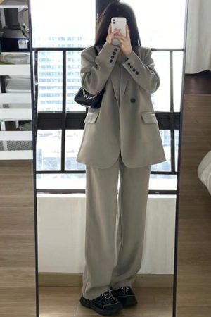 Women's Gray Suit Set - Casual Blazer & Wide-Leg Pants, Chic 2025 Style, High-End Feel, Perfect for Petite Sizes