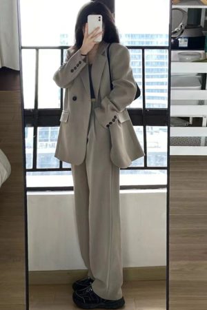 Women's Gray Suit Set - Casual Blazer & Wide-Leg Pants, Chic 2025 Style, High-End Feel, Perfect for Petite Sizes