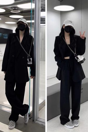 Women's Gray Suit Set - Casual Blazer & Wide-Leg Pants, Chic 2025 Style, High-End Feel, Perfect for Petite Sizes