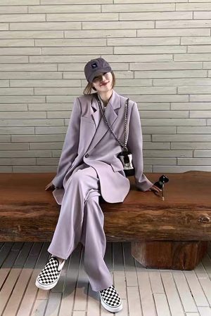 Women's Gray Suit Set - Casual Blazer & Wide-Leg Pants, Chic 2025 Style, High-End Feel, Perfect for Petite Sizes