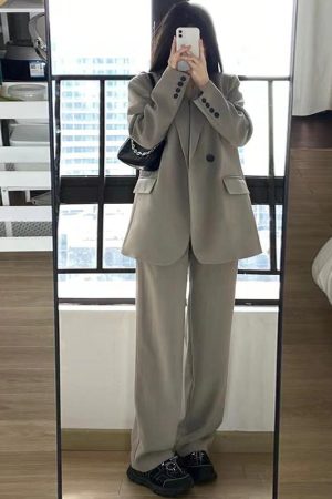 Women's Gray Suit Set - Casual Blazer & Wide-Leg Pants, Chic 2025 Style, High-End Feel, Perfect for Petite Sizes