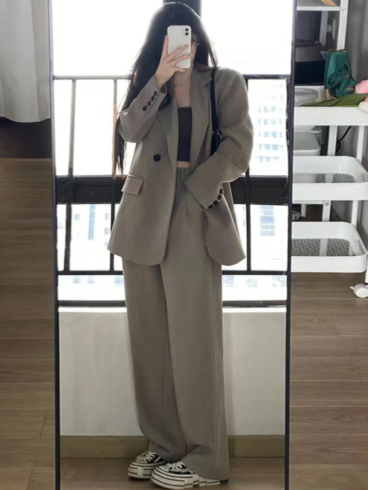Women's Gray Suit Set - Casual Blazer & Wide-Leg Pants, Chic 2025 Style, High-End Feel, Perfect for Petite Sizes Women's Gray Suit Set - Casual Blazer & Wide-Leg Pants, Chic 2025 Style, High-End Feel, Perfect for Petite Sizes