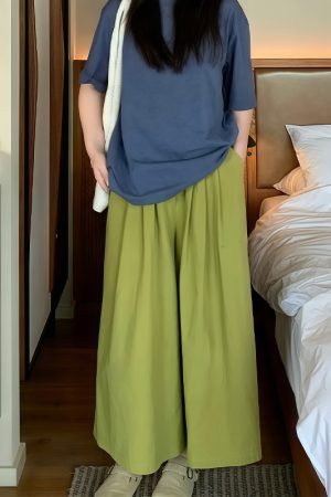 Womenâ€™s Green Draped Wide-Leg Pants, Summer Loose BF Style, Relaxed Fit for Petite Sizes, Trendy 2025 Fashion