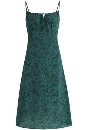 Women's Green Floral Print Long Dress with Straps and Drawstring - French Style Summer Vacation 2025 Fashion
