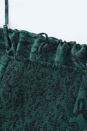 Women's Green Floral Print Long Dress with Straps and Drawstring - French Style Summer Vacation 2025 Fashion