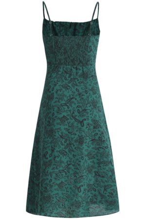 Women's Green Floral Print Long Dress with Straps and Drawstring - French Style Summer Vacation 2025 Fashion