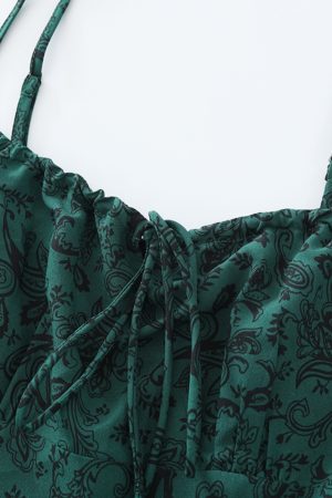 Women's Green Floral Print Long Dress with Straps and Drawstring - French Style Summer Vacation 2025 Fashion