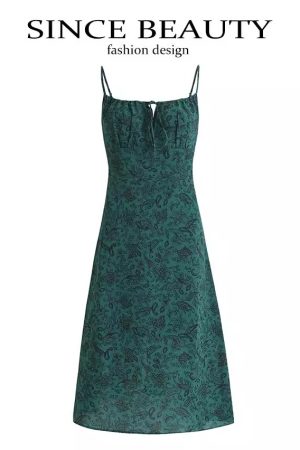 Women's Green Floral Print Long Dress with Straps and Drawstring - French Style Summer Vacation 2025 Fashion