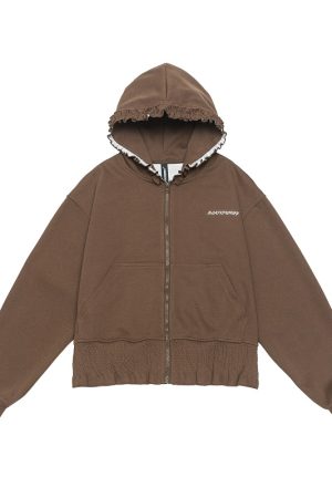 Women's Heartbeat Design Hooded Jacket - Spring Zippered Loose Fit Versatile Short Sweatshirt for Casual Y2K Style