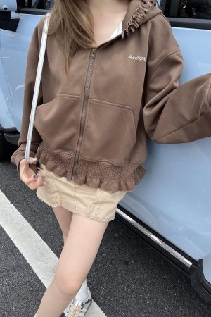 Women's Heartbeat Design Hooded Jacket - Spring Zippered Loose Fit Versatile Short Sweatshirt for Casual Y2K Style