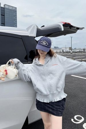 Women's Heartbeat Design Hooded Jacket - Spring Zippered Loose Fit Versatile Short Sweatshirt for Casual Y2K Style