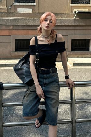 Women's High-End Black One-Shoulder Fitted T-Shirt, Summer Faux Two-Piece Camisole, Trendy Ins Style