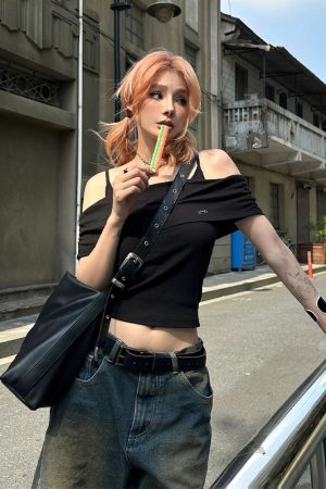 Women's High-End Black One-Shoulder Fitted T-Shirt, Summer Faux Two-Piece Camisole, Trendy Ins Style