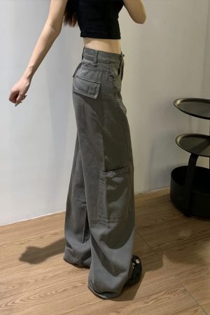 Women's High-Waisted Plus-Size Gray Wide-Leg Straight-Leg Work Pants - Cool American Style, Slimming Loose Fit