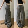 Women's High-Waisted Plus-Size Gray Wide-Leg Straight-Leg Work Pants - Cool American Style, Slimming Loose Fit