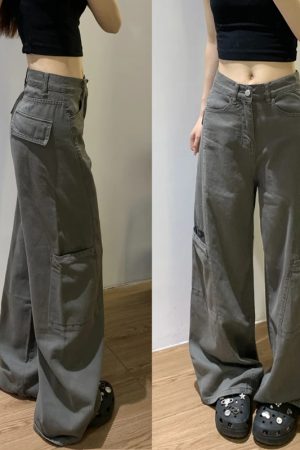Women's High-Waisted Plus-Size Gray Wide-Leg Straight-Leg Work Pants - Cool American Style, Slimming Loose Fit