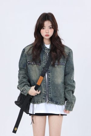 Women's Hip-Hop Loose Short Denim Jacket with Stand Collar - Unique American Street Style