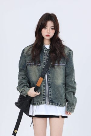 Women's Hip-Hop Loose Short Denim Jacket with Stand Collar - Unique American Street Style