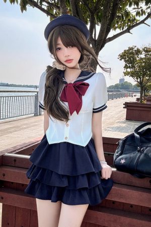 Women's Japanese Style Sailor Suit JK Uniform Shirt Set - Waist-Defined Long & Short Sleeve, Spring Summer 2024, College Style