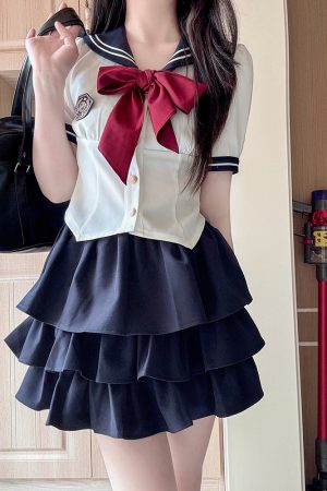 Women's Japanese Style Sailor Suit JK Uniform Shirt Set - Waist-Defined Long & Short Sleeve, Spring Summer 2024, College Style