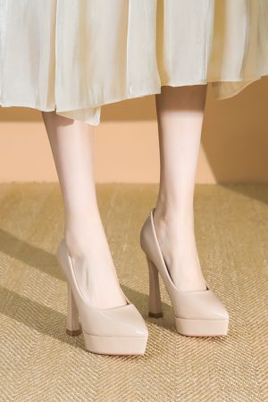 Women's Korean Style High Heels 12CM Thin Heels, Versatile Spring Pointed Toe Platform Pumps for Parties