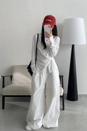Women's Korean Style Long Sleeve T-Shirt - White Base Layer, Loose Fit, Straight Shoulder, Unique Design, High-End Fashion