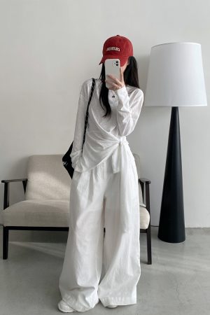 Women's Korean Style Long Sleeve T-Shirt - White Base Layer, Loose Fit, Straight Shoulder, Unique Design, High-End Fashion