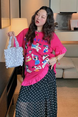 Women's Lace-Edge Printed T-Shirt in Dragon Fruit Color, Short Sleeve, 2025 Summer Design, Trendy Niche Style Top