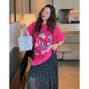 Women's Lace-Edge Printed T-Shirt in Dragon Fruit Color, Short Sleeve, 2025 Summer Design, Trendy Niche Style Top