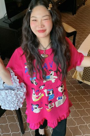 Women's Lace-Edge Printed T-Shirt in Dragon Fruit Color, Short Sleeve, 2025 Summer Design, Trendy Niche Style Top