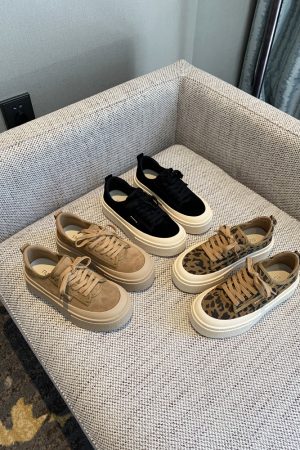 Women's Lace-Up Leopard Print Sneakers, Suede & Genuine Leather, Thick-Soled Casual Shoes, Trendy Spring 2025 Fashion Footwear