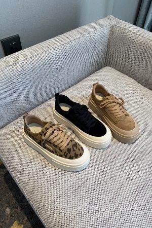 Women's Lace-Up Leopard Print Sneakers, Suede & Genuine Leather, Thick-Soled Casual Shoes, Trendy Spring 2025 Fashion Footwear
