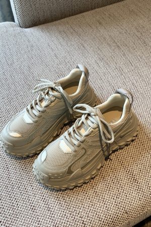 Women's Lace-Up Mesh Sports Leisure Shoes - Breathable Genuine Leather Thick-Soled Dad Sneakers for Spring 2025