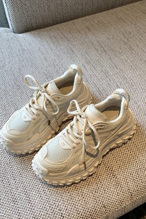 Women's Lace-Up Mesh Sports Leisure Shoes - Breathable Genuine Leather Thick-Soled Dad Sneakers for Spring 2025