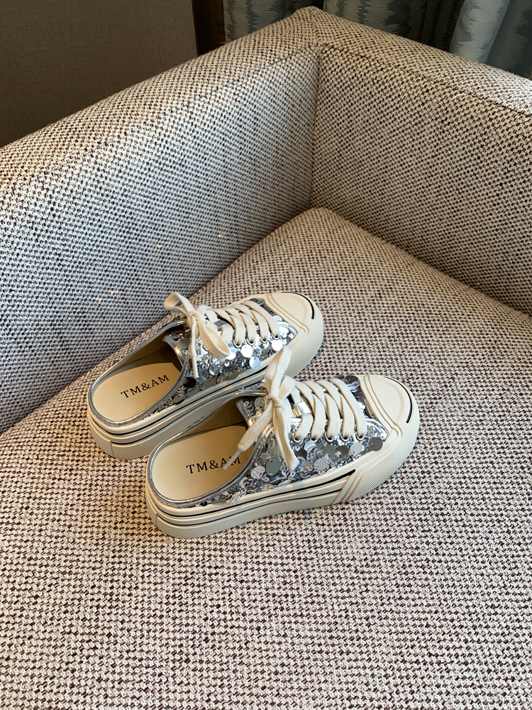 Women's Lace-Up Sequined Baotou Slippers, 2025 New Style, Thick-Soled Casual Little White Half-Drag, Versatile Footwear Women's Lace-Up Sequined Baotou Slippers, 2025 New Style, Thick-Soled Casual Little White Half-Drag, Versatile Footwear